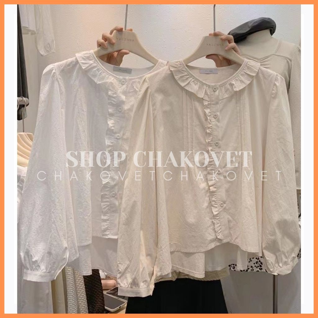 Áo babydoll nữ tay dài màu trắng be A894, kiểu áo nữ hàn quốc bánh bèo cổ tròn họa tiết dọc khuy áo phong cách tiểu thư