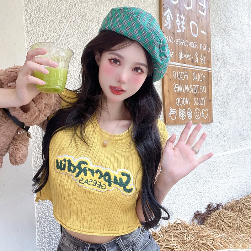 Áo Croptop Dệt Kim Sát Nách Dáng Rộng Thêu Chữ Kiểu Vintage Hàn Quốc Thời Trang Mùa Hè