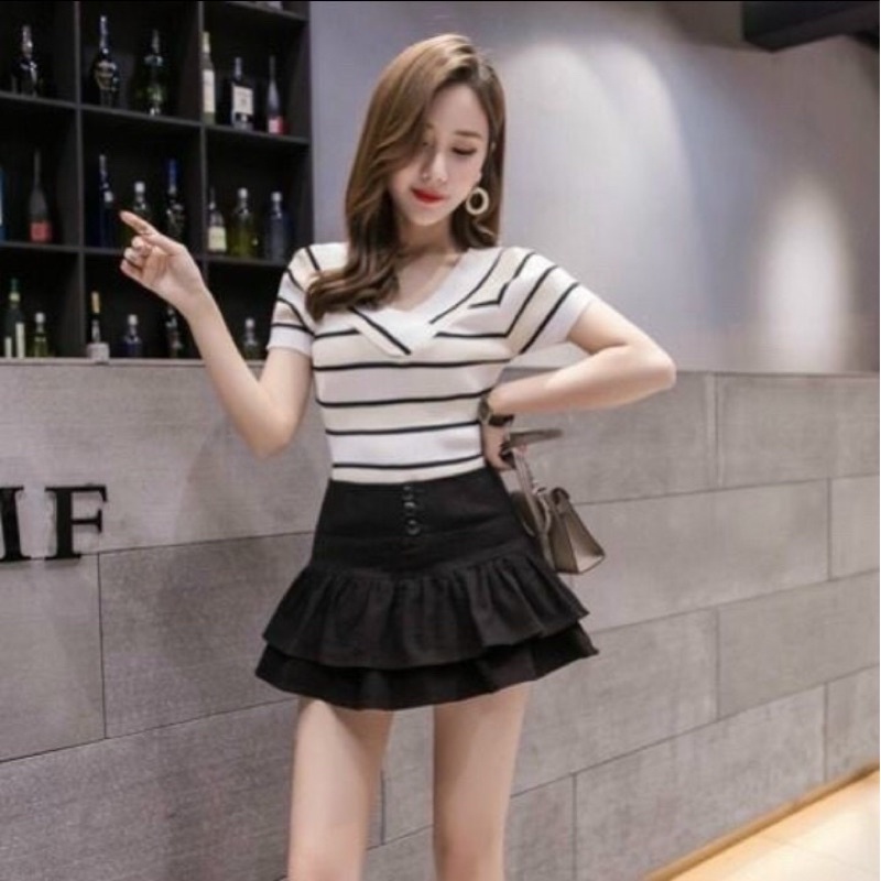 alohashop_Chân váy ngắn lưng cao chất vải kaki 2 tầng có quần trong, form xèo lắm ạ U