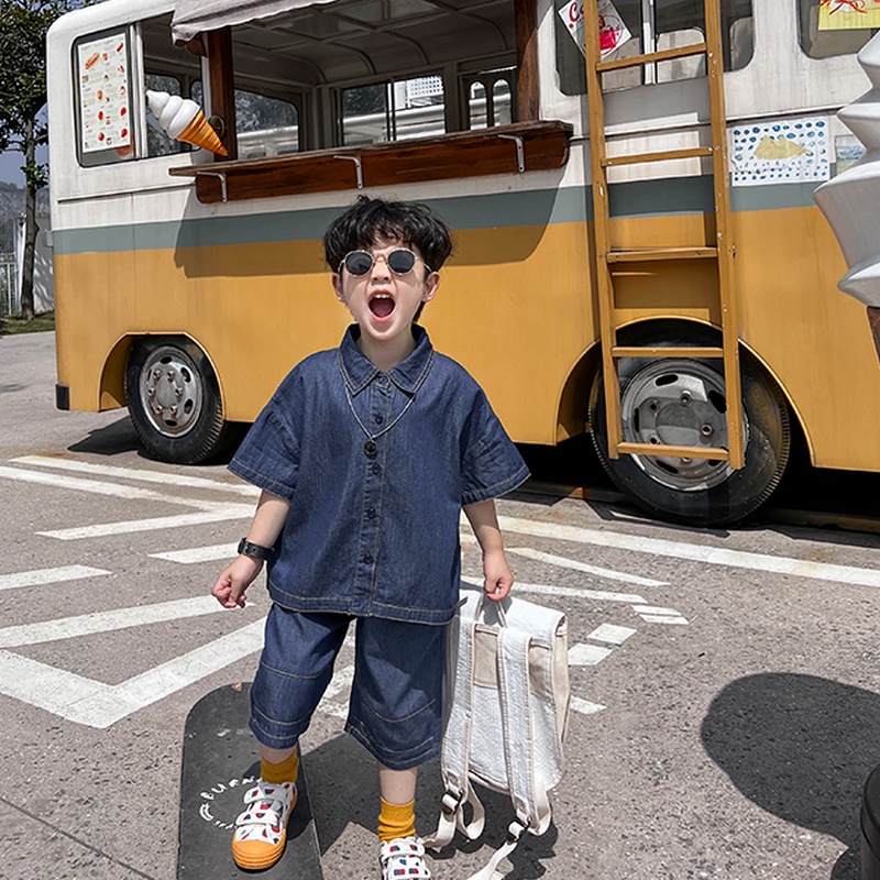 Set sơ mi bò giấy ngắn tay phong cách Hàn quốc có size đại cho bé trai 20-48kg, bộ quần áo Beekids Memory