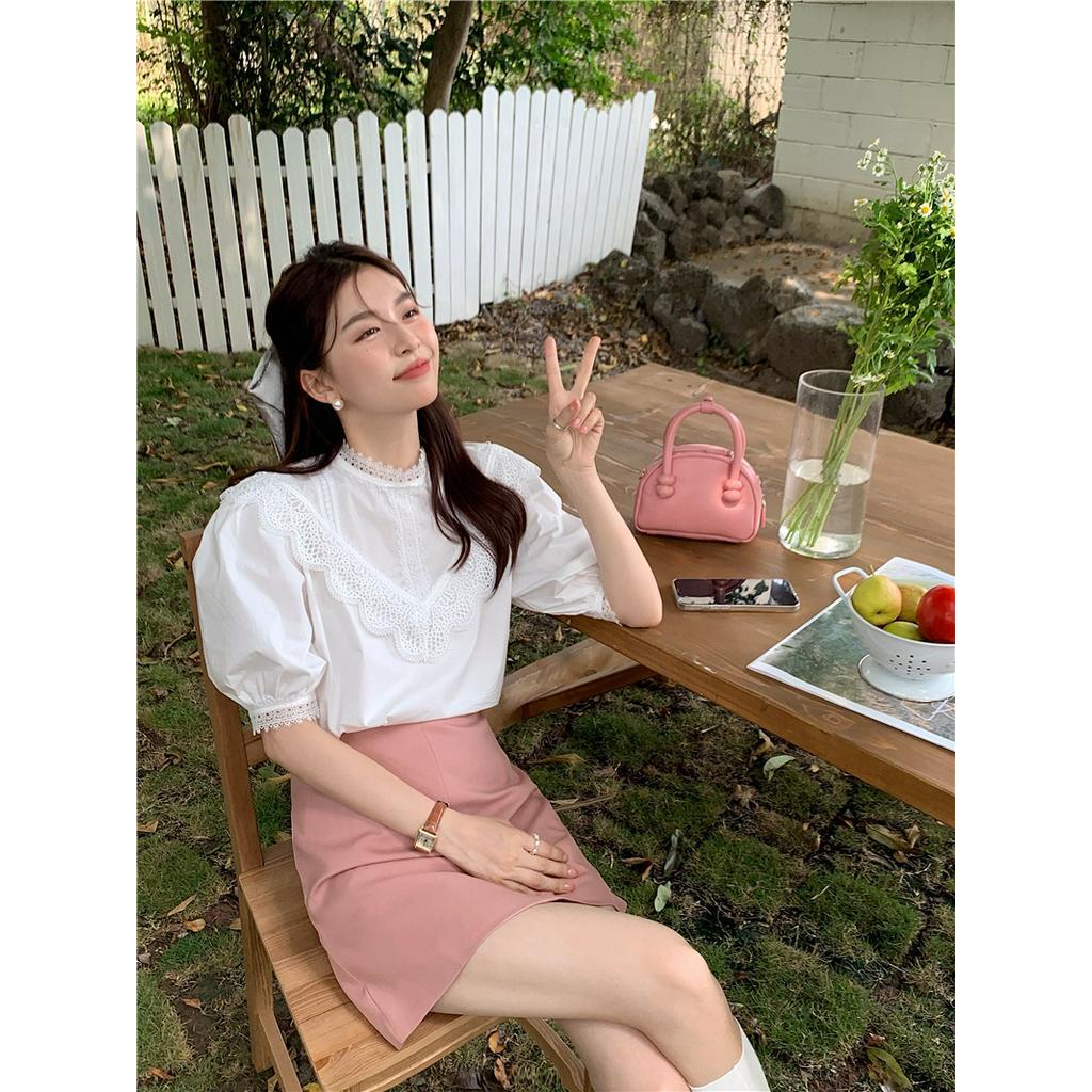 Áo Sơ Mi Trơn Cổ Đứng Ngắn Tay Phối Ren Cỡ Nhỏ Thời Trang Sành Điệu 62321