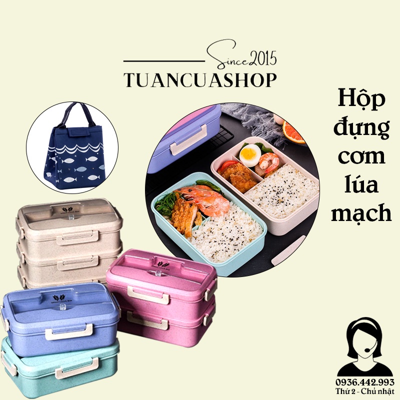 Hộp Đựng Cơm Chia 3 Ngăn Lúa Mạch Giữ Nhiệt - Tặng Kèm Đũa Thìa Inox - Dùng Được Trong Lò Vi Sóng