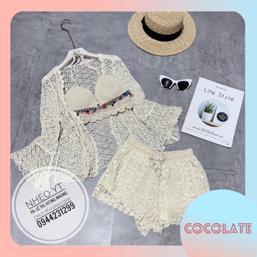 Set 3 Món Đi Biển Set Bikini Kèm Choàng Ren Siu Hót Hàng QC cho nữ (có tách set)