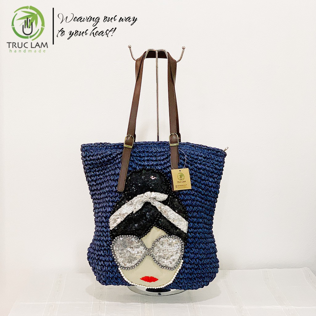 Túi Cói Tote Thời Trang Nữ Quai Da Thêu Cườm Hình Mặt Cô Gái - Trúc Lâm Handmade