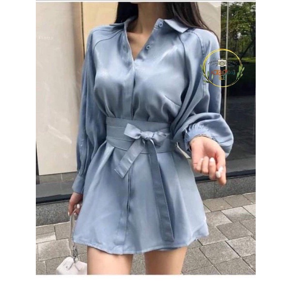 Set bộ: Áo sơmi form dài + thắt lưng obi + Quần short