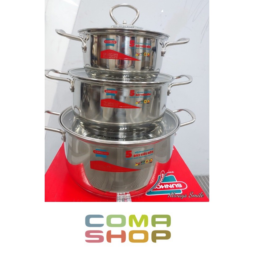 SHG788 - BỘ 3 NỒI INOX 5 ĐÁY SUNHOUSE (DÙNG ĐƯỢC MỌI LOẠI BẾP) – HÀNG CHÍNH HÃNG