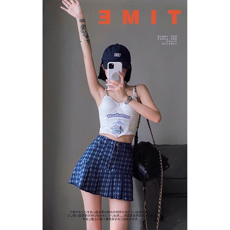 SẴN - Set chân váy denim xếp ly + áo croptop trắng (kèm ảnh thật)