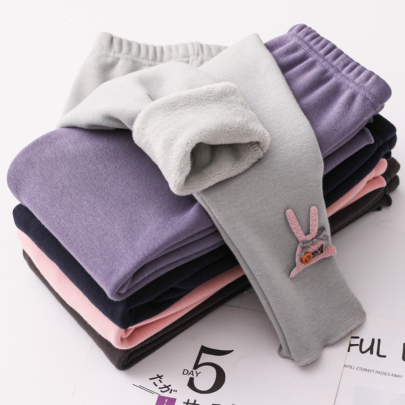 Quần legging cotton lót nhung màu trơn giữ ấm tai dài 90-160CM cho bé gái