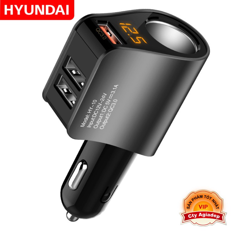 Tẩu sạc oto xe hơi hàng hiệu Hyundai sạc nhanh QC3.0 1 tẩu cổng 3 USB AHY10