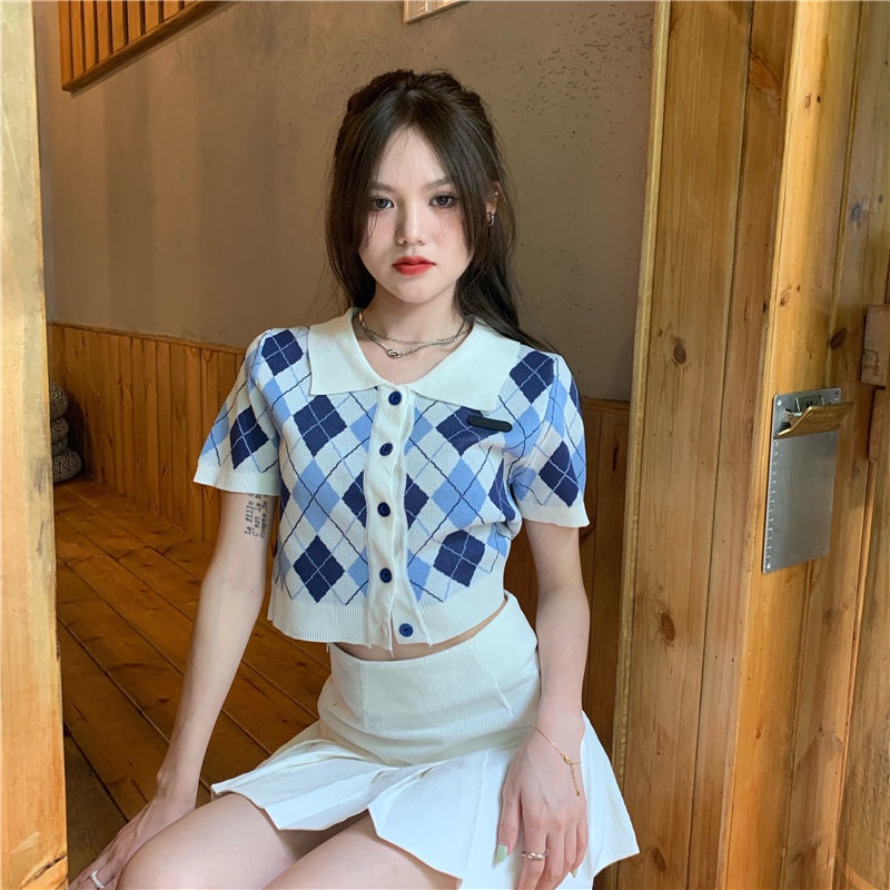 Áo khoác croptop nữ bigsize cardigan croptop áo croptop cổ lọ Áo Thun Dệt Kim Ngắn Tay Cổ polo Họa Tiết Caro Màu Sắc Retro Phong Cách Phương Tây Thời Trang Cho Nữ