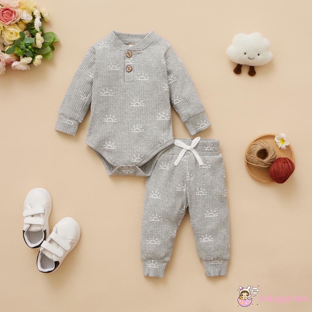 Bộ Áo Liền Quần Tay Dài In Họa Tiết Henley + Quần Dài Cho Bé Trai 0-18 Tháng Tuổi