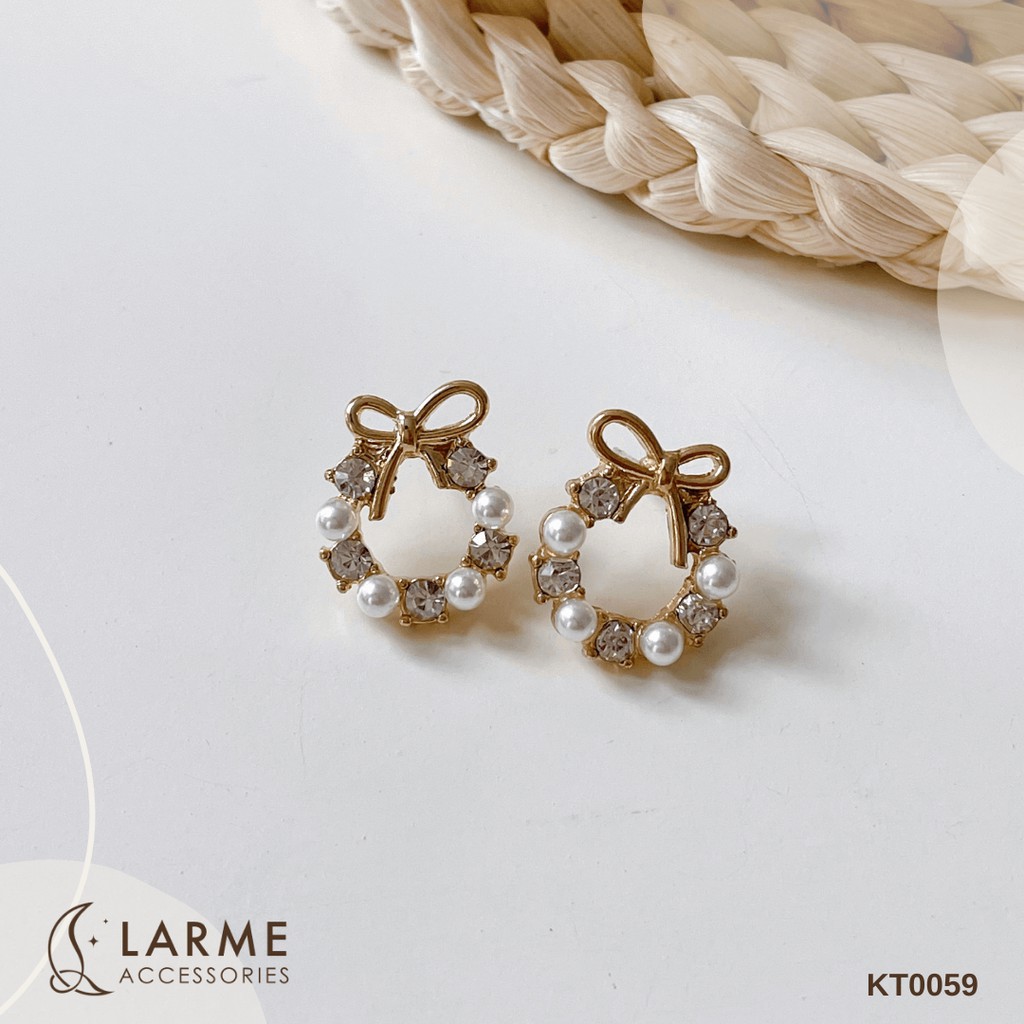 Bông tai, khuyên tai hoạ tiết nơ xinh xắn và ngọc nhân tạo Larme Accessories - KT0059