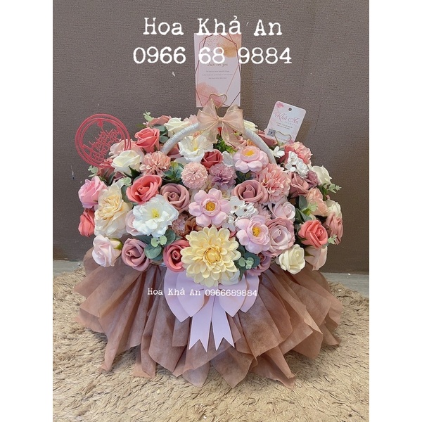 [Lẵng hoa Khai Trương, Sinh nhật] Lẵng Khả An làm bởi hoa sáp cao cấp mix hoa lụa Hàn cực đẹp. KT 45 x 50cm
