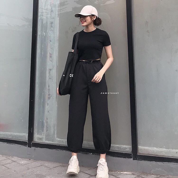 Áo croptop trơn KA Closet, chất zip cotton co dãn tốt, vải dầy, 2 màu Đen, Trắng, cổ tròn, ngắn tay