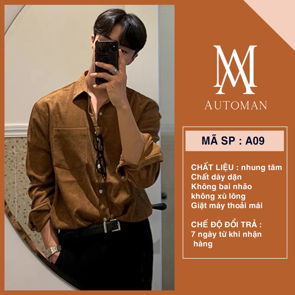 Áo sơ mi nam chất lIệu vải nhung tăm mềm mịn dày dặn không bai xù, phong cách trẻ trung năng động AUTOMAN A09