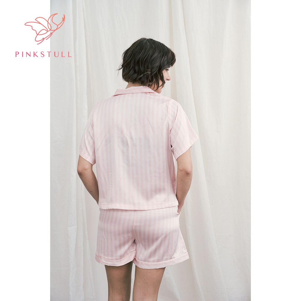 Bộ đồ ngủ lụa Pijamas Pink Stull tay ngắn quần ngắn sọc hồng