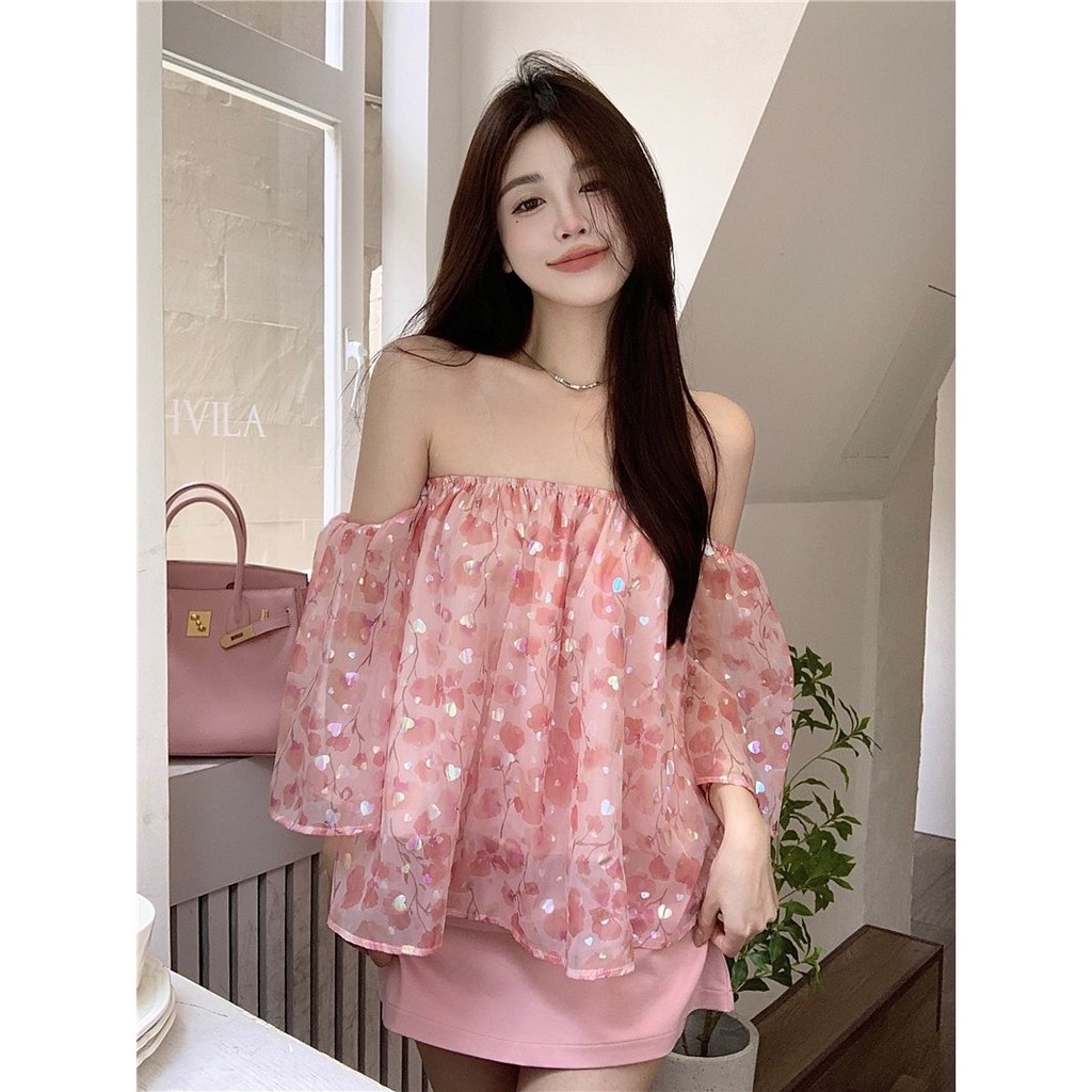 Áo Trễ Vai Tay Lửng Viền Bèo Màu Trơn Thời Trang Cho Nữ