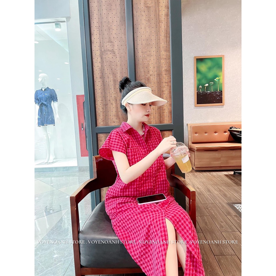:Váy sơ mi basic kẻ caro hồng chất mịn mát bầu bí mặc thoải mái kèm ảnh thật trải sàn LOLLA _FASHION