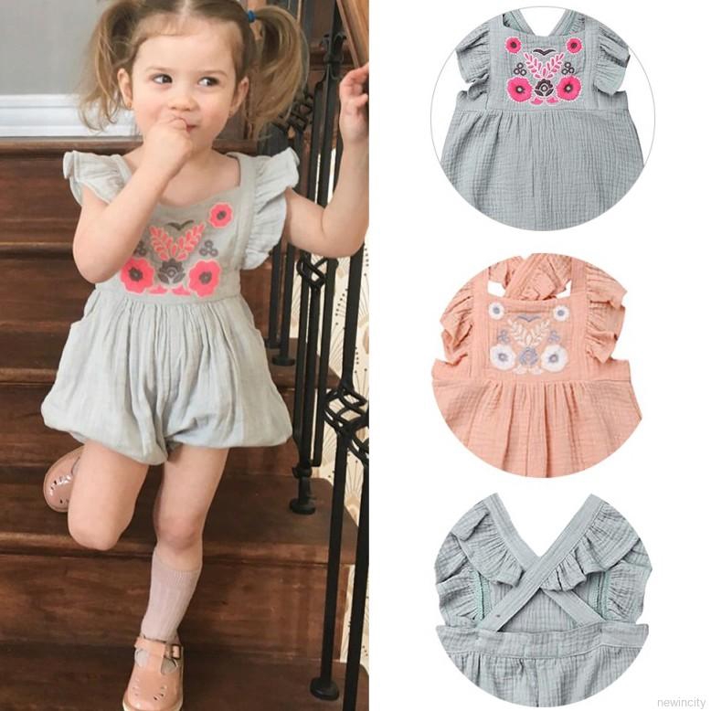 Jumpsuit ngắn tay thêu họa tiết dễ thương cho bé gái