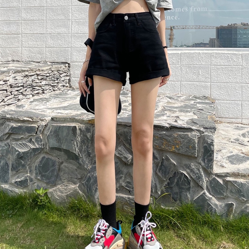 Quần short SUXI vải denim dáng chữ A lưng cao màu đen trơn cho nữ