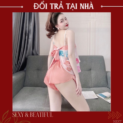 Đồ Ngủ Sexy Nữ 💖 VOAN MÁT 💖   Bộ Đùi Cột Dây Sau Quần Satin Phối Voan [ size 40<65kg] - Sun Shop | BigBuy360 - bigbuy360.vn