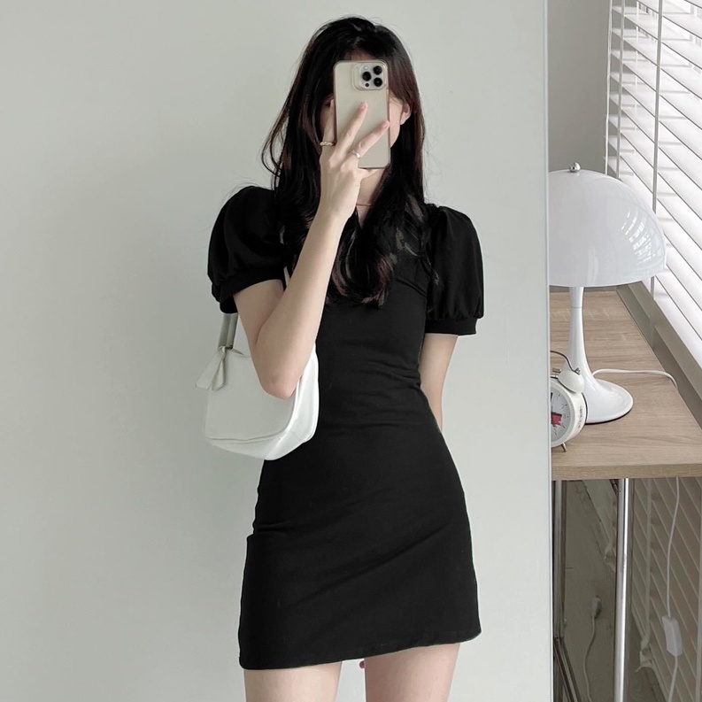 Váy polo cộc tay dáng body trơn màu cộc tay phồng dáng A ngắn sexy freesize chất thun co giãn 4 chiều Ylydress C1013
