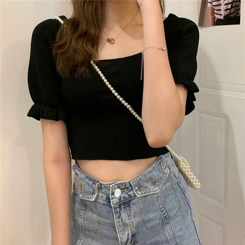 Áo đen dệt kim tay phồng DA199 | BigBuy360 - bigbuy360.vn