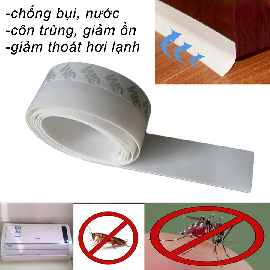 Cuộn 2 mét,5 mét Ron dán chân cửa, khe hở cửa, giảm thoát hơi lạnh, côn trùng, bụi, giảm ồn loại 35mm màu trắng