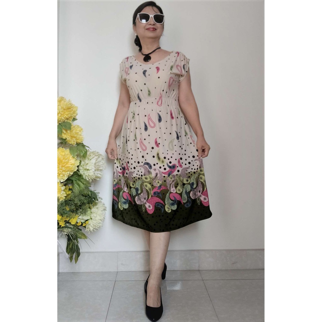 Váy Đầm Trung Niên Thun Eo Hoa Đẹp, Chất vải Thun Aty Chéo Mềm Mỏng, Có Túi, Size từ 48KG - 68KG | BigBuy360 - bigbuy360.vn