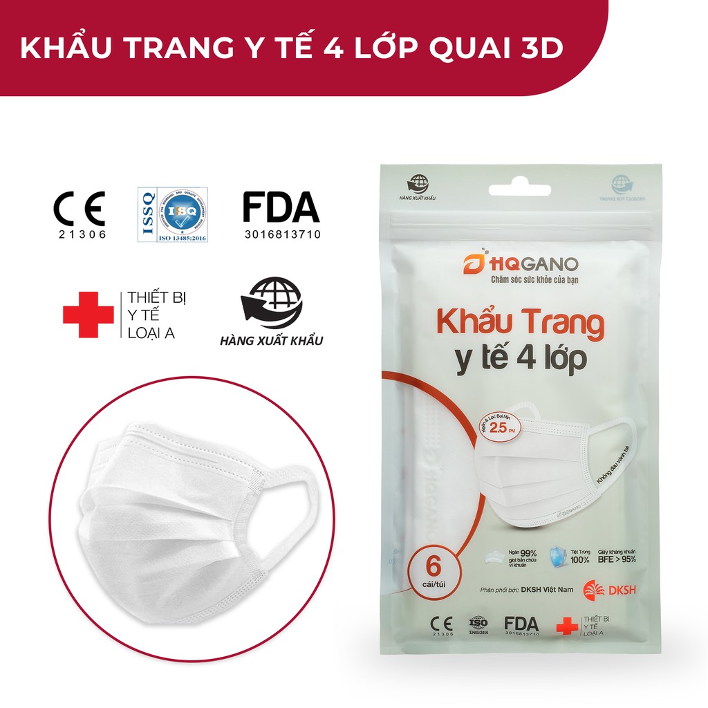 Gói khẩu trang y tế quai 3D mới 4 lớp HQGANO chống bụi mịn, kháng khuẩn, không mùi, chất liệu cực mềm mại(6 Cái/Gói)