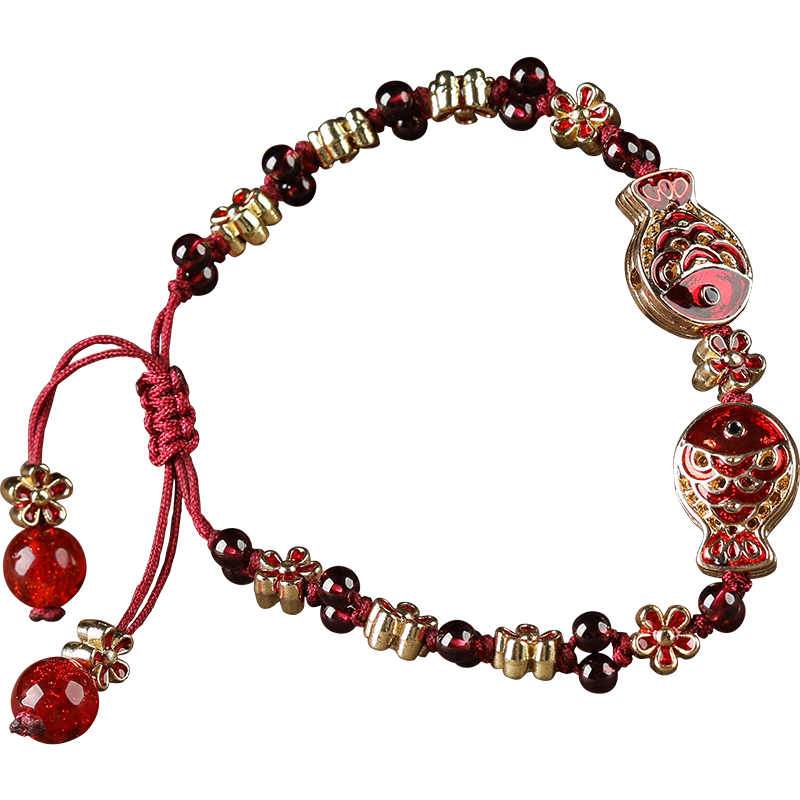 Vòng đeo tay xỏ hạt ngọc lựu hồng phong cách retro truyền thống cho phụ nữ