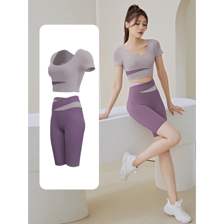 Bộ quần áo tập Gym Yoga nữ cao cấp thiết kế phong cách, set đồ thể thao áo croptop quần lửng vải thun lạnh kèm đệm ngực