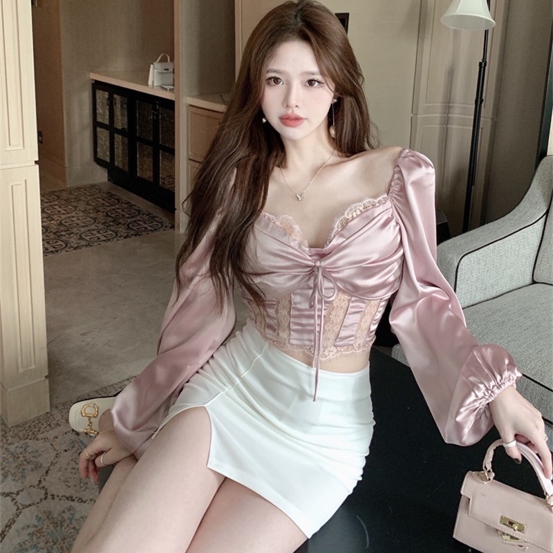 Áo Cổ Vuông Tay Phồng Phối Ren Thời Trang Mùa Hè Dễ Phối Đồ Cho Nữ