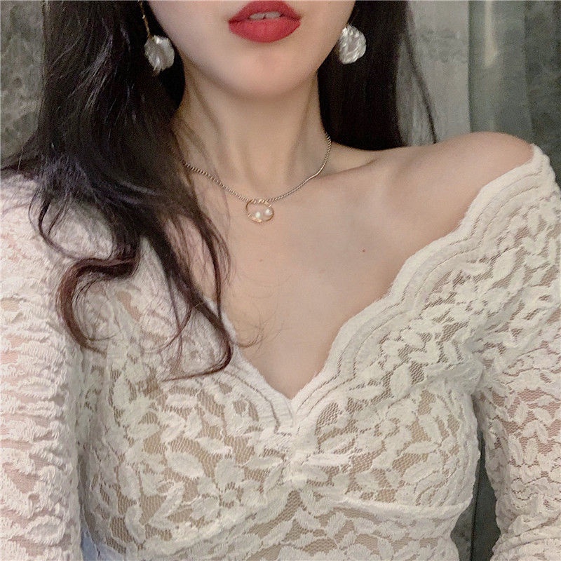 Áo kiểu phối ren lưới cổ áo chữ V phong cách quyến rũ cho nữ