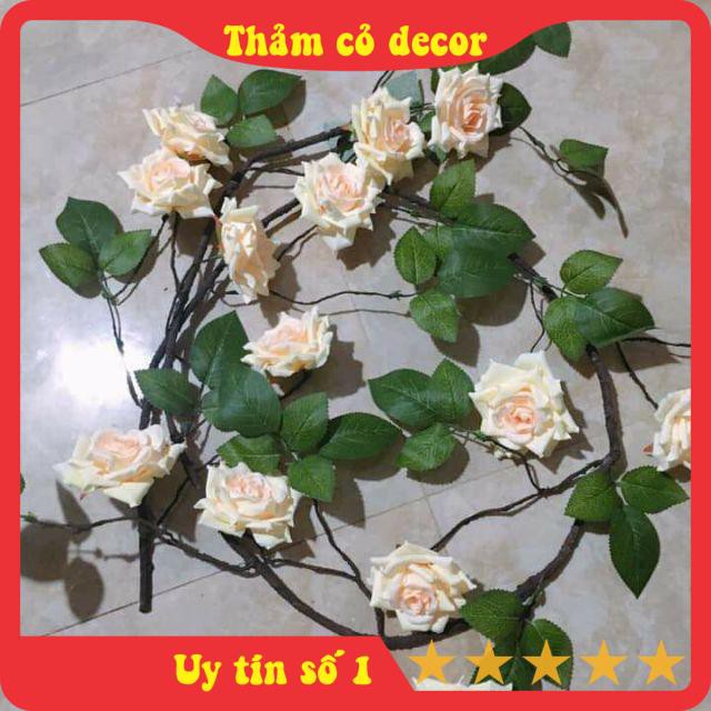 Dây hoa giả, Dây Hoa Hồng Leo Cổ dài 1m7, hồng leo giả decor thảm cỏ nhân tạo trang trí phòng khách, văn phòng, nhà hàng