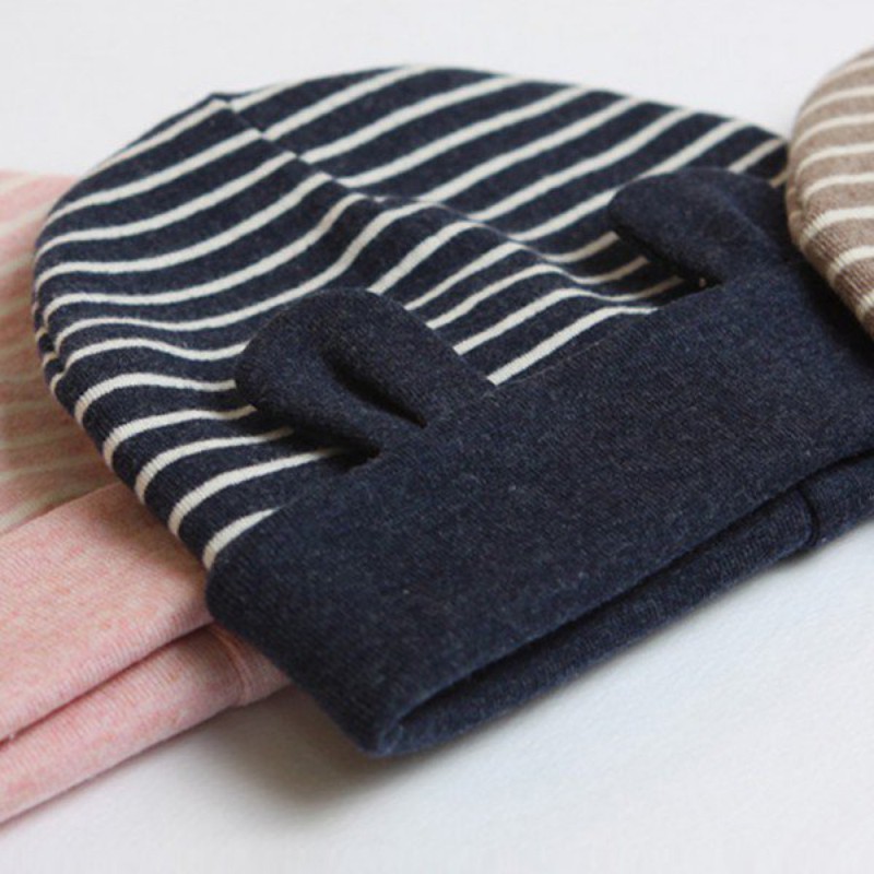 Mũ beanie có tai thiết kế họa tiết sọc ngang thời trang dễ thương cho bé
