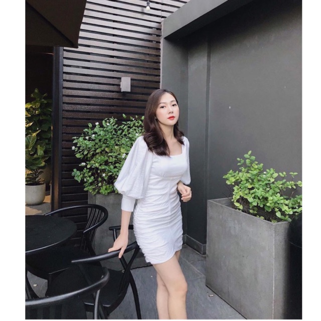 Đầm ôm body BlaPink thiết kế Linen trắng gân cổ vuông -Saria Dress