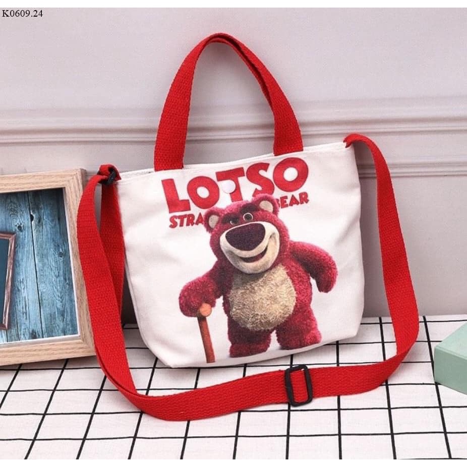 Túi gấu  LOTSO - Túi đeo vaivải canvas in hình gấu/ dâu tây thời trang dễ thương (sỉ hot)
