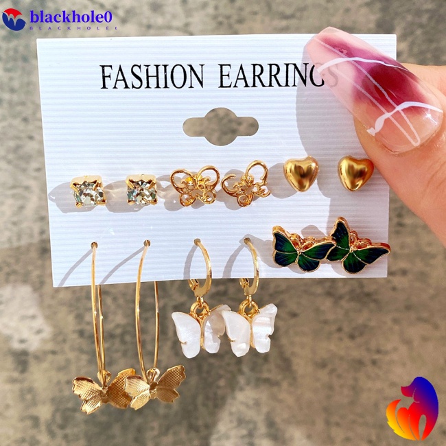 Bộ 6 Đôi Bông Tai Hình Bướm Ngọc Trai Sáng Tạo Thời Trang Cho Nữ