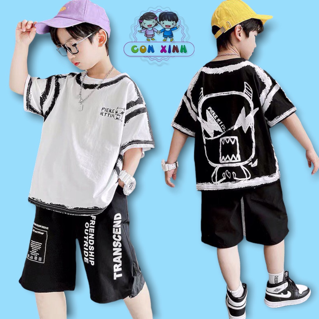 Đồ bộ bé trai Con Xinh cotton họa tiết in PIEKE trắng đen, thời trang dành cho trẻ em từ 4 đến 10 tuổi