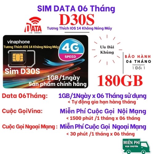 Sim 4G Vinaphone D30S - 180GB ( Miễn Phí Data và Gọi Miễn Phí 6 Tháng ) - Sản Phẩm Sử Dụng Bảo Hành 06Tháng