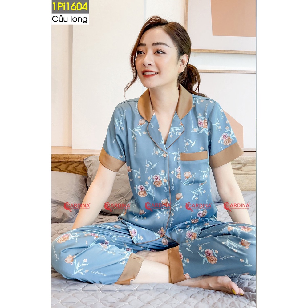 Bộ Pijama Nữ Cardina quần dài áo cộc tay, chất lụa Nhật cao cấp- BST 2021