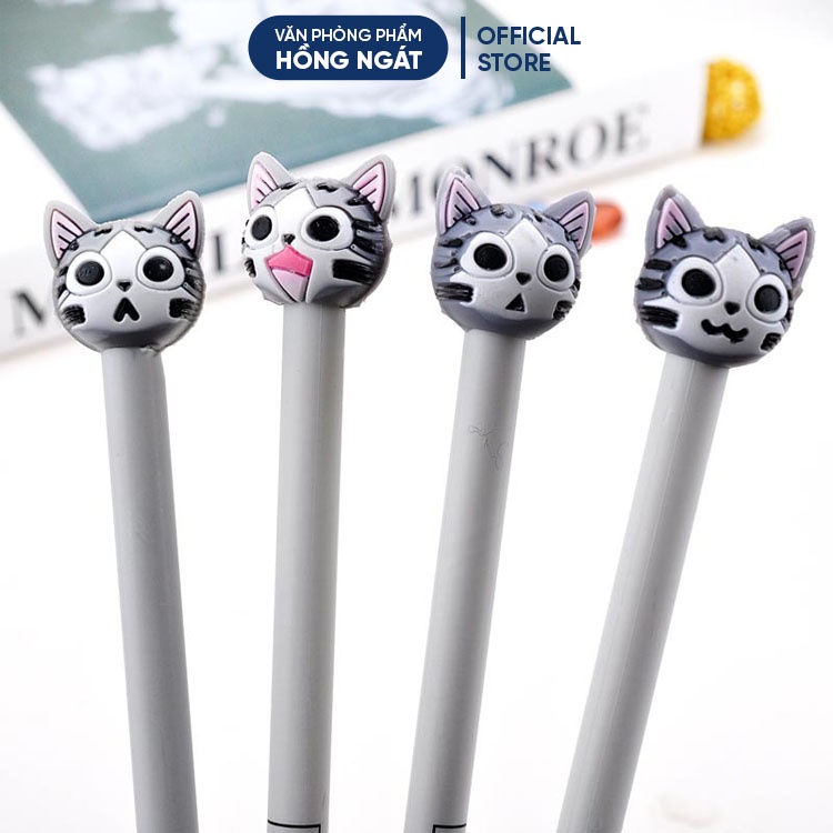 Bút bi cute mèo xám, bút bi nước mực gel đen ngòi 0.5mm nhiều màu dễ thương đồ dùng học tập văn phòng phẩm B27