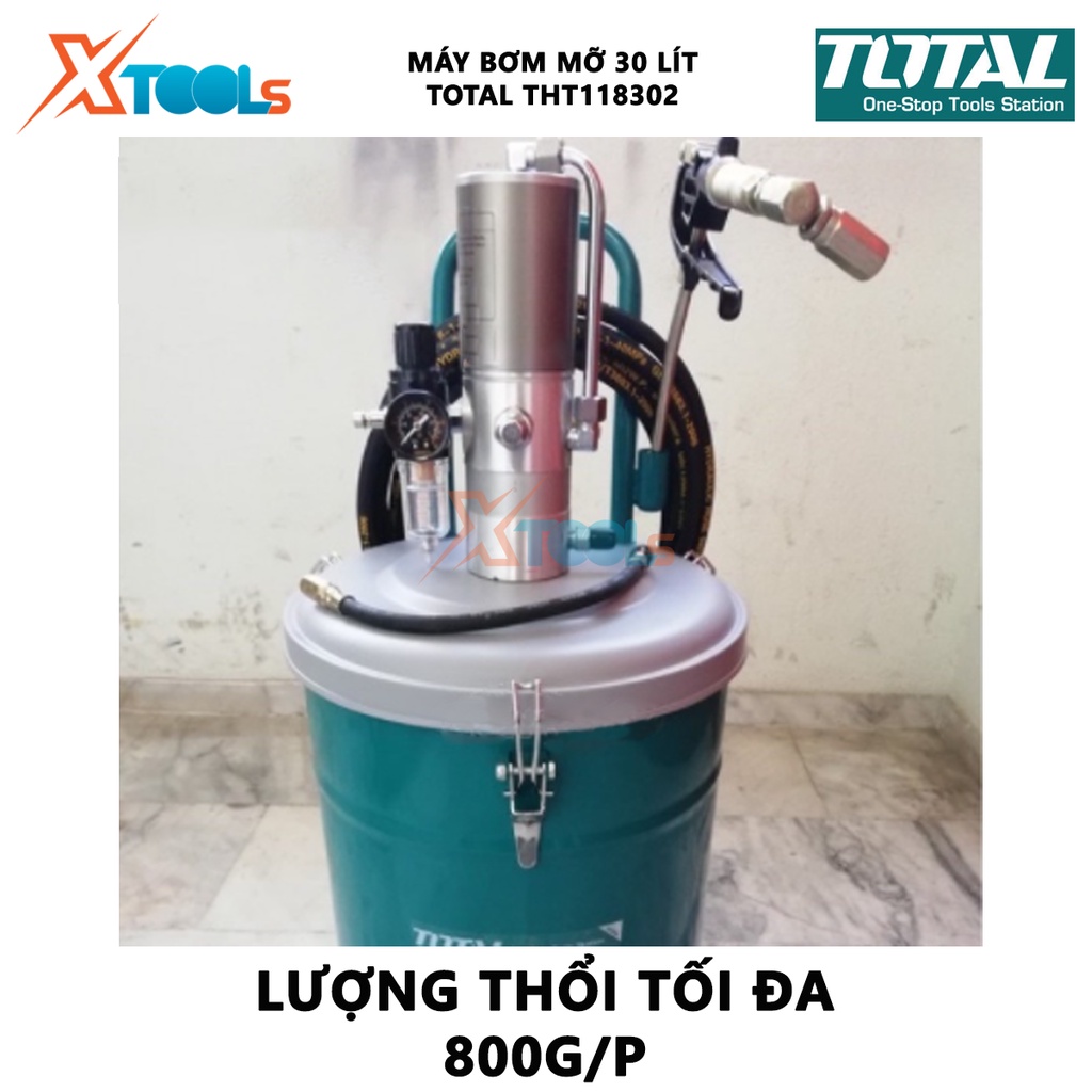 Máy bơm mỡ khí nén TOTAL THT118302 Máy bơm dầu mỡ dung tích 30L thùng rỗng: 330*430mm Áp suất 400 bar làm sạch động cơ