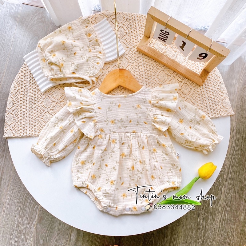 Sét body đầy tháng, thôi nôi xô muslin hoa vàng kèm mũ bèo cho bé gái