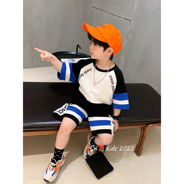 Bộ cộc tay bé trai, bộ quần áo phối màu ghép may tỉ mỉ chất cotton tàu mát cho bé