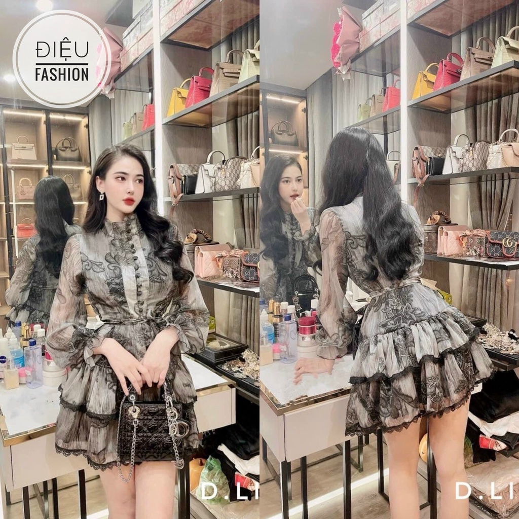 Váy hoa tơ loang pha ren bèo tầng hai lớp thiết kế,Đầm voan tơ nơ eo xòe tay dài cúc bọc tiểu thư.