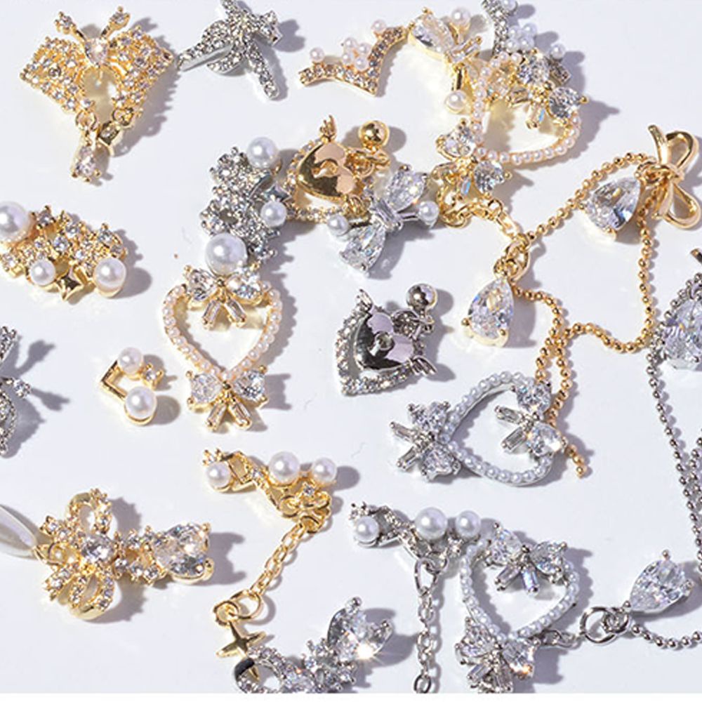 [Hàng mới về] Phụ kiện trang trí móng tay hình nơ/trái tim 3d bằng hợp kim/ngọc trai giả sang trọng