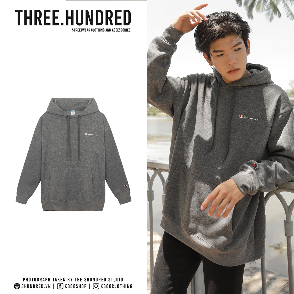 Áo Hoodie Thêu Logo Champion Sắc Nét Phía Trước-Chất Vải Nỉ Bông Cotton-Form Rộng Rãi Unisex Nam Nữ-Màu Xám Đậm