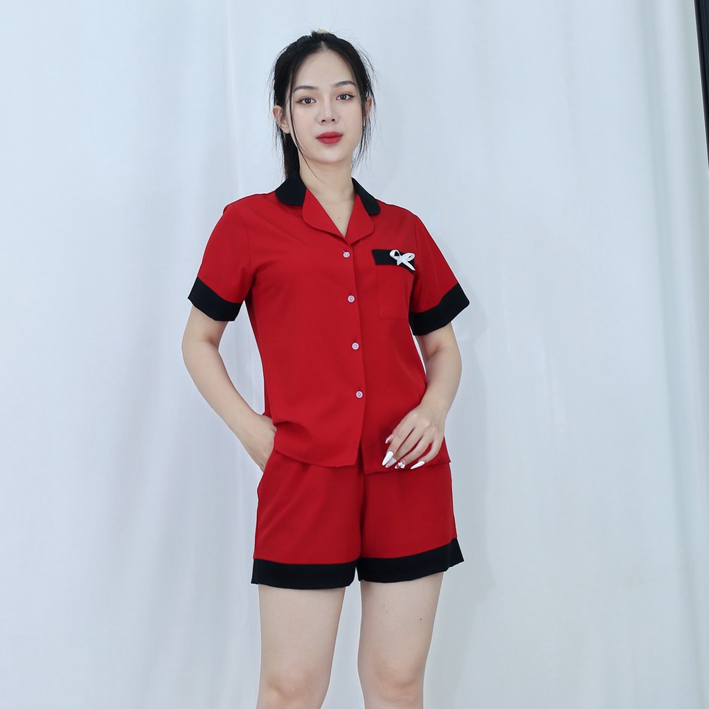 Bộ đồ bộ Pijama NGẮN ĐỎ ĐÔ PHA CỔ ĐEN ĐIỂM NHẤN NƠ TÚI CỰC XINH vải  lụa cao cấp -  Thoải Mái Nhẹ Nhàng